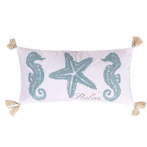 Blue Bay White, Seafoam Blue and Taupe Seahorses, Starfish "Relax" Embroidered 12 in. x 24 in. Throw Pillow