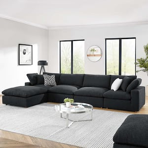 Commix 160 in.W Square Arm 5-pieces Down Filled Overstuffed Boucle Fabric Rectangle Sectional Sofa in Black