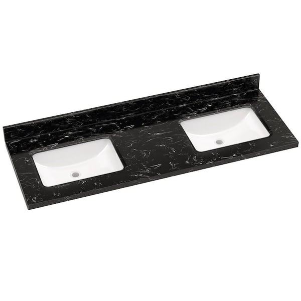 60 in. W x 22 in. D Engineered Stone White Rectangular Double Sink Bathroom Vanity Top w/ Backsplash and Basin in Black