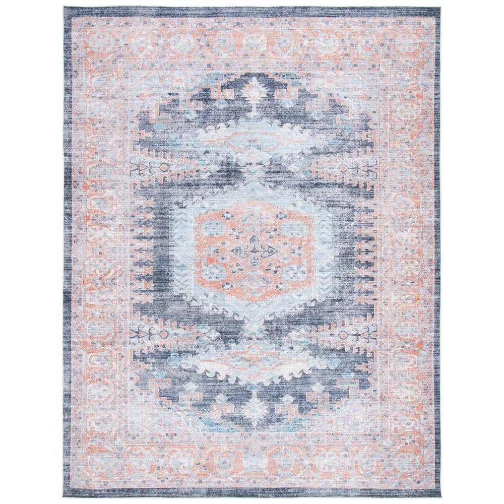 Blue and Terracotta 10' x 14' Washable Viscose Chenille Area Rug