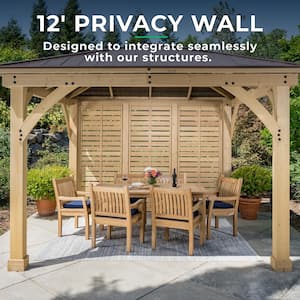 Meridian 12 ft. x 14 ft. Premium Cedar Outdoor Patio Shade Gazebo with a 12 ft. Privacy Wall and Brown Aluminum Roof