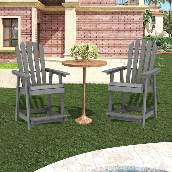 Plastic HDPE Outdoor Bar Stool in Gray with Armrests and Footrests-Weather-Resistant for Patios, Bars and Cafes (1-Pack)