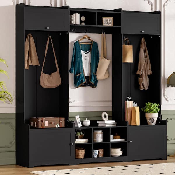 Jaime Modern 4 in 1 Black Entryway Hall Tree with 3 Benches, 4 Cabinets, Coat Hooks, Cubbies, Adjustable Shelf