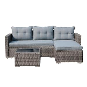 Joivi Brown 3-Pieces Wicker Patio Rama Outdoor Sectional Set with Gray Cushions