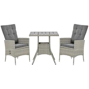 Bistro 3-Piece Wicker Patio Conversation Set with Gray Cushions and Wood Grain Plastic Top Table