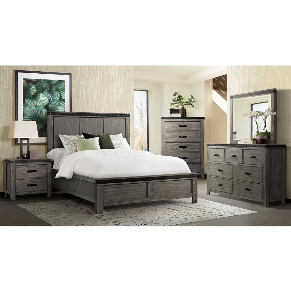 Gray Wood 7-Drawer Dresser with Black Metal Trim