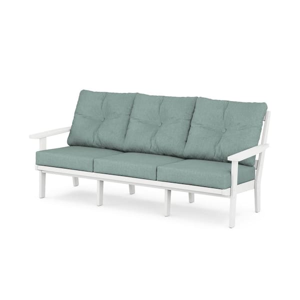 POLYWOOD Prairie Plastic Outdoor Deep Seating Couch in White with Glacier Spa Cushions
