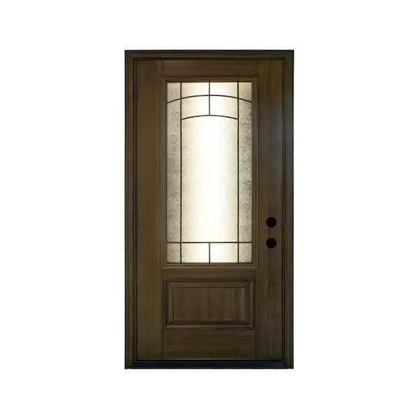 36 in. x 80 in. 1 Panel Left-Hand 1/2 Lite Decorative Glass Brown Fiberglass Prehung Front Door with Threshold, Hinge
