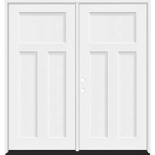 Legacy 64 in. x 80 in. 3 Panel Craftsman RHIS Unfinished White Fiberglass Double Prehung Front Door with 4-9/16 Jamb