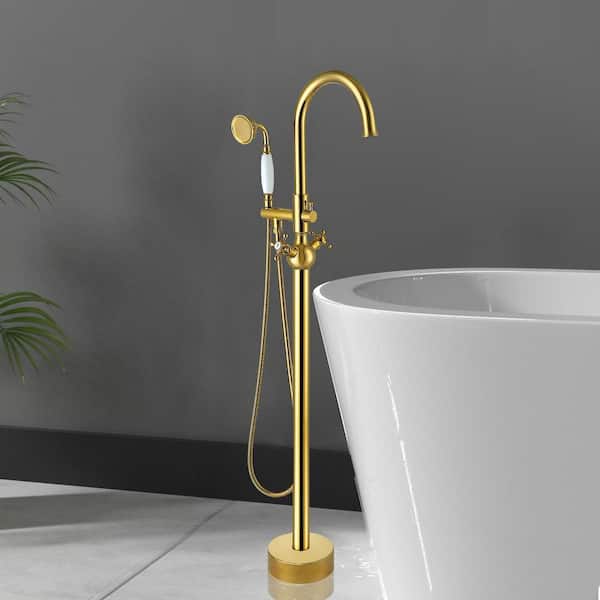 2-Handle Freestanding Tub Faucet with Hand Shower Head in Titanium Golded
