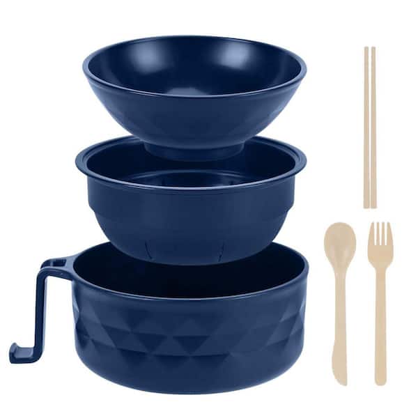 3-Piece Deep Blue PP Microwave Ramen Cooker Bowl Set with Chopsticks and Spoon, Kitchen Essential for Dorms
