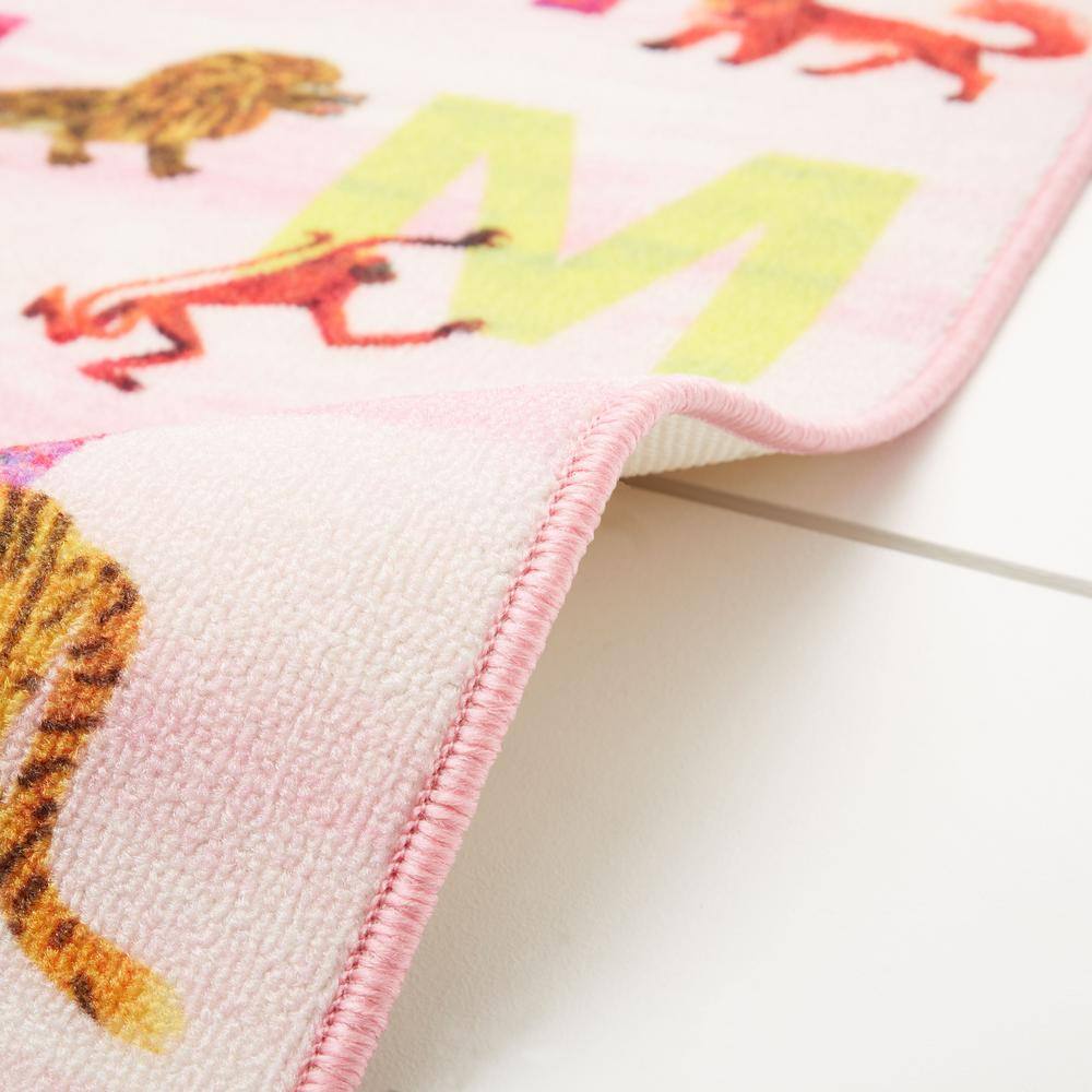 Pink Alphabet Zoo Synthetic Rectangular Kids Area Rug 4' x 6'