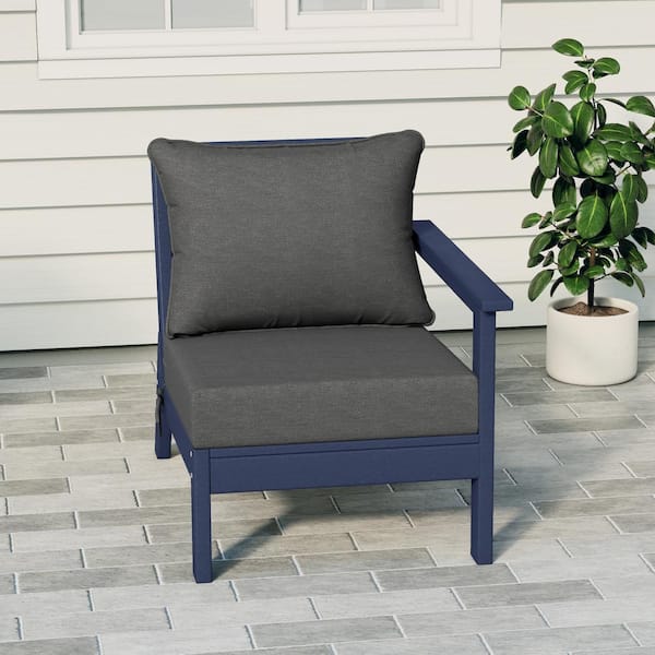 Birchwood Outdoor Patio Deep Seating Right Facing Arm HDPE Lounge Chair in Navy Blue with Grey Cushions
