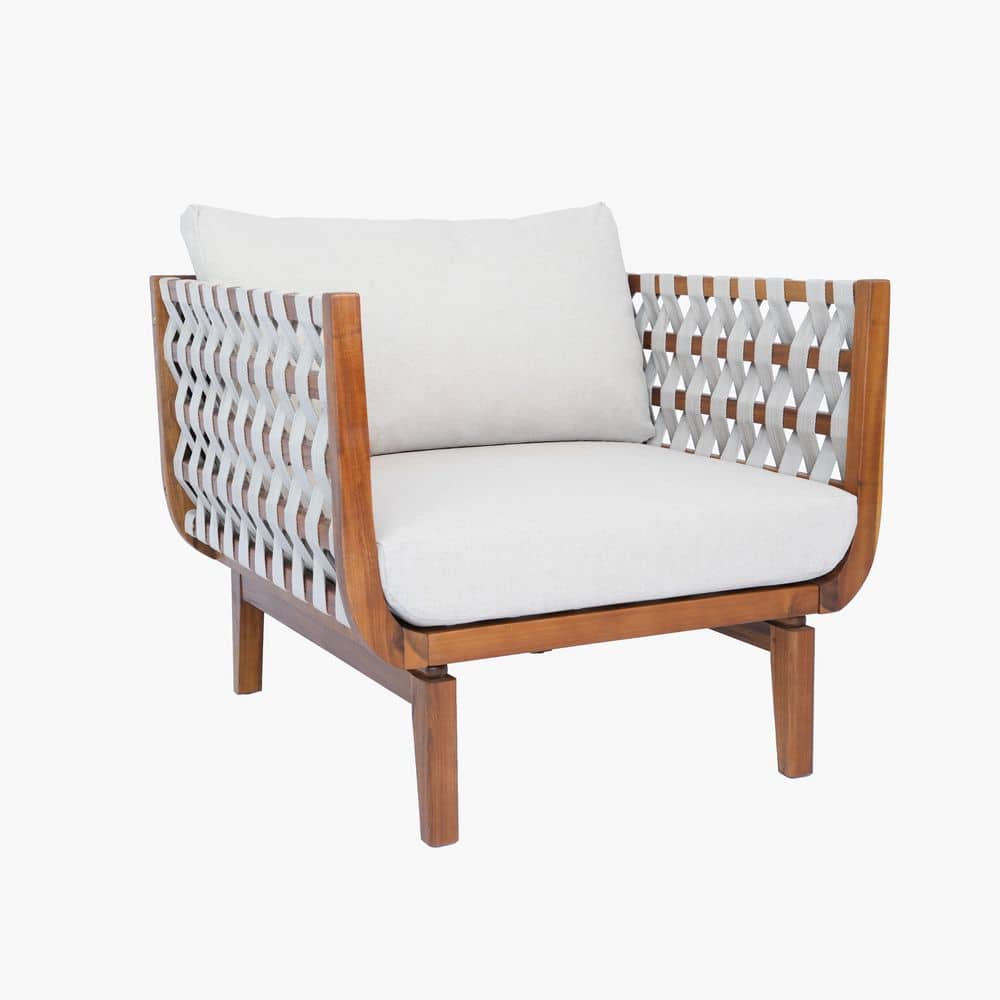 Gildor Teak Finish Solid Wood Outdoor Patio Lounge Chair with Beige Cushions, Woven Rope Armrests Club Chair (1-Pack) price history on PriceWatchPro