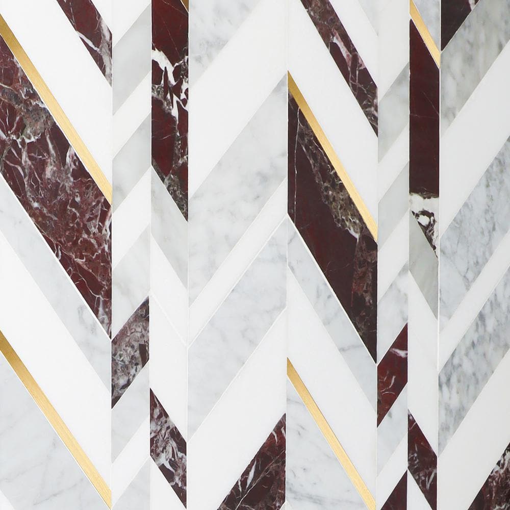 Tyra 12" x 18" Polished Marble and Brass Chevron Mosaic Tile