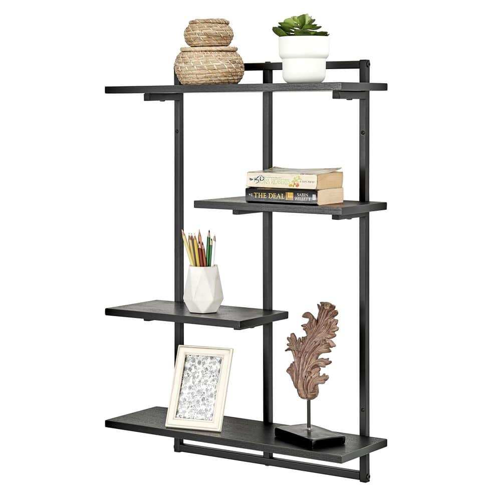 Rhodes Black Iron and Wood 4-Tier Floating Wall Shelf Unit