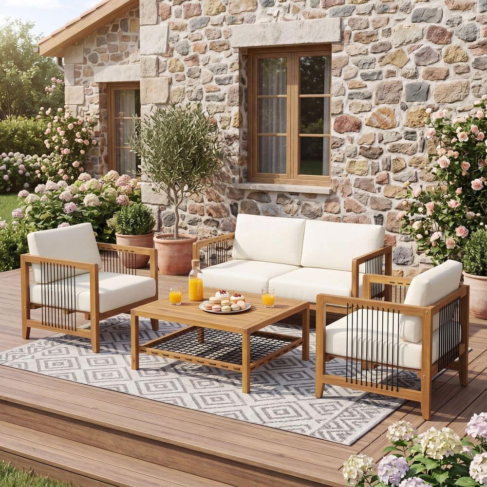 Murray 4-Piece Acacia Wood Patio Outdoor Conversation Set with Beige Cushions, Loveseat and 2 Chairs, Coffee Table price history on PriceWatchPro