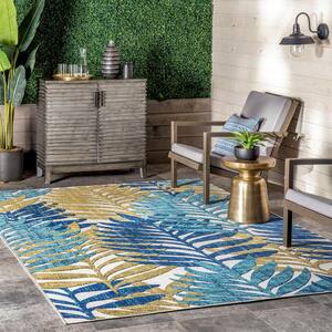 Molly Textured Tropical Leaves Blue 6 ft. 7 in. x 9 ft. Indoor/Outdoor Patio Area Rug