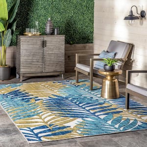 Molly Textured Tropical Leaves Blue 8 ft. 10 in. x 12 ft. Indoor/Outdoor Patio Area Rug