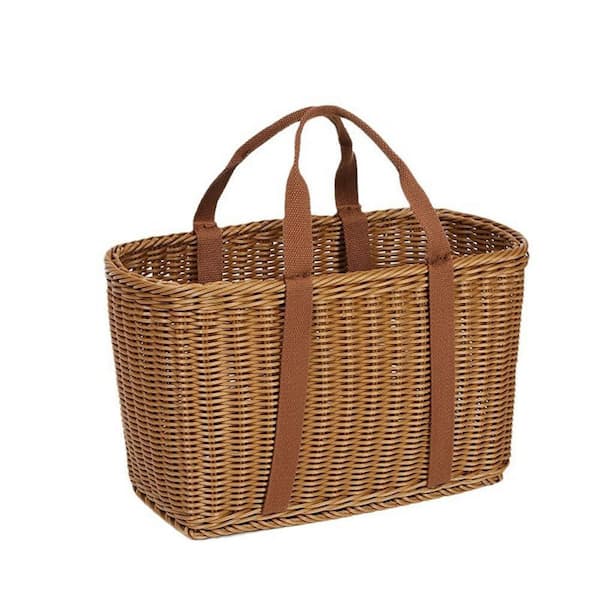 Brown Plastic Wicker Market Basket with Double Handles, Handwoven Rectangular Tote for Groceries and Storage