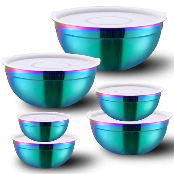 6-Piece Stainless Steel Mixing Bowl Set Rainbow Finish with Airtight Lids for Salad Dessert Fruit Rice Soup