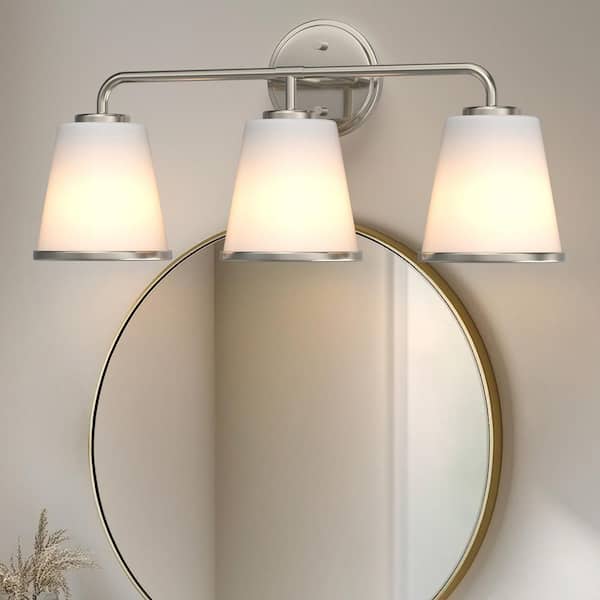 23 in. 3-Light Bathroom Vanity Light with Brushed Nickel Frame and Bell Shades