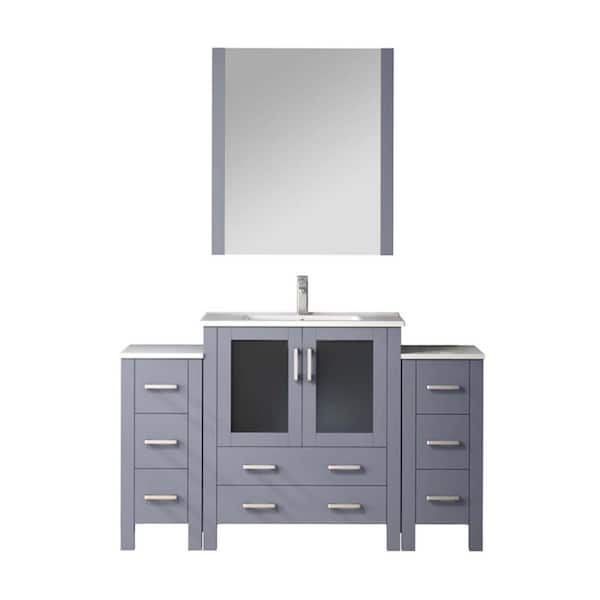 Volez 54" W x 18.25" D Dark Grey Single Bath Vanity with Side Cabinets, White Ceramic Top, Faucet Set, and 28 in Mirror