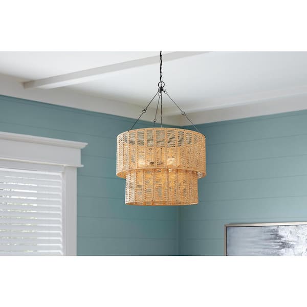 Hailee 3-Light Basket Hanging Pendant Black Natural Weave Shade