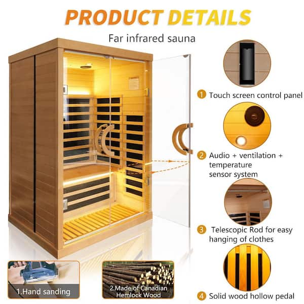 Aoibox - 2-Person Occupancy Indoor Hemlock Wood Far Infrared Double Glass Family Sauna Room with Dual Audio Bluetooth, Graphene