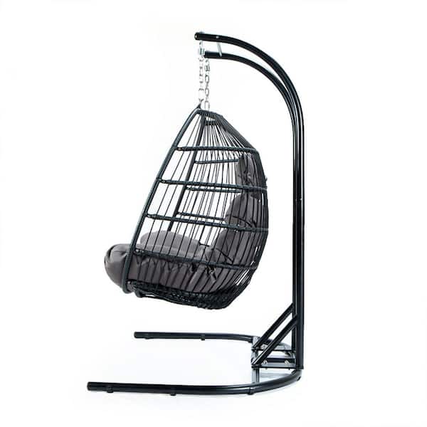 fiziti Wicker 2-Person Double Folding Hanging Swing Chair, Wicker Porch Egg Chair with Stand and Beige Cushions