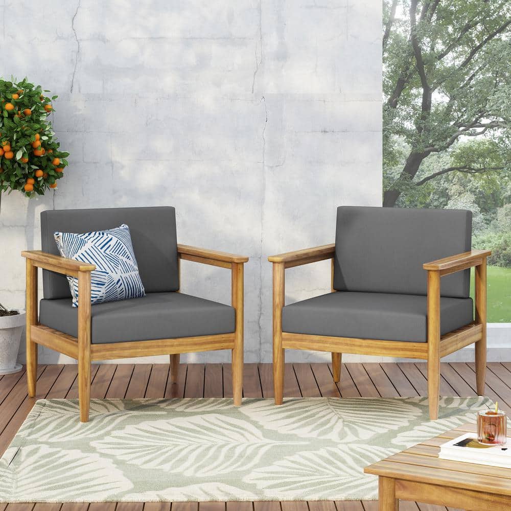 Teak Brown Acacia Wood Outdoor Lounge Chair with Dark Grey Cushions
