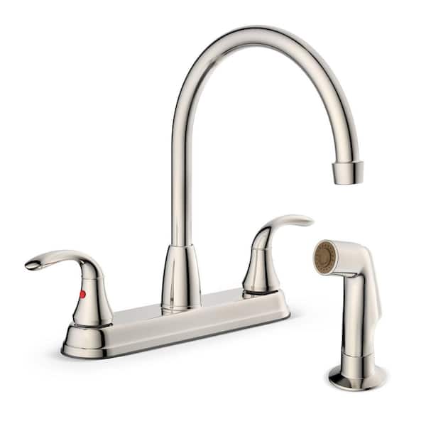 Double Lever Handle Deck Mount Gooseneck Kitchen Faucet with Sprayer in Chrome