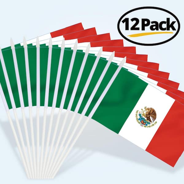 ANLEY Mexico Stick Flag Mexican 5 in. x 8 in. Handheld Mini Flag with 12 in. White Solid Pole Hand Held with Spear Top 1-Dozen