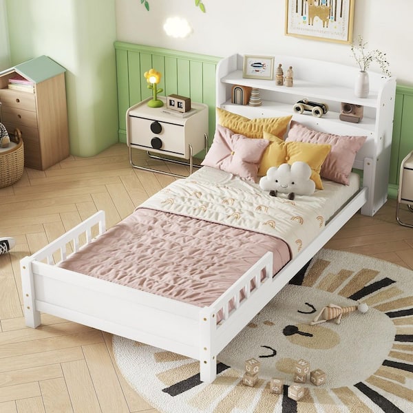 White Wood Frame Twin Platform Bed with Bookcase Headboard and Guardrails