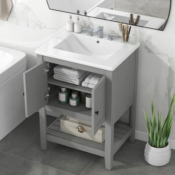 24 in. Single Sink Freestanding Grey Bath Vanity with White Ceramic Top, Solid Wood Frame, and Open Shelf, Assembled
