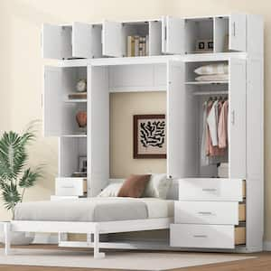 White Wood Frame Twin Size Murphy Bed with Shelves, Drawers, Lockers and Wardrobes