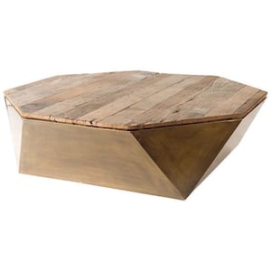 Esagono Octagonal Gold Metal-Clad Reclaimed Wood Coffee Table w/Storage