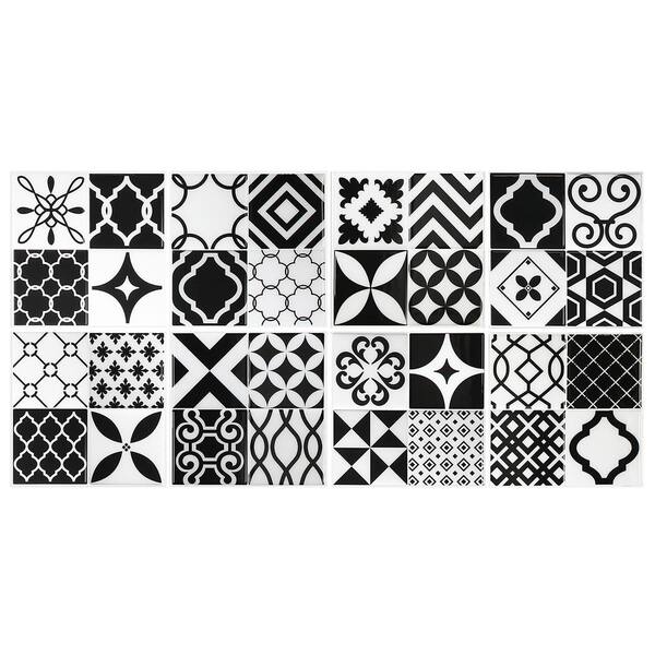 smart tiles Vintage Bilbao 9 in. W x 9 in. H Black and White Peel and Stick Decorative Mosaic Wall Tile Backsplash (6-Pack)