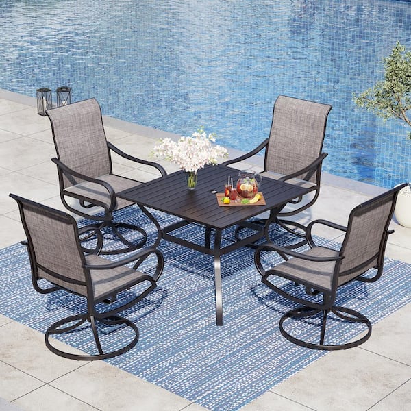 PHI VILLA Black 5-Piece Metal Square Patio Outdoor Dining Set with Slat Table and Textilene Swivel Chairs