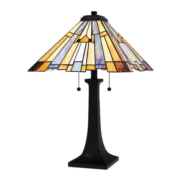 Home Decorators Collection Waterville 24 in. 2-Light Matte Black Table Lamp with Tiffany Glass Shade
