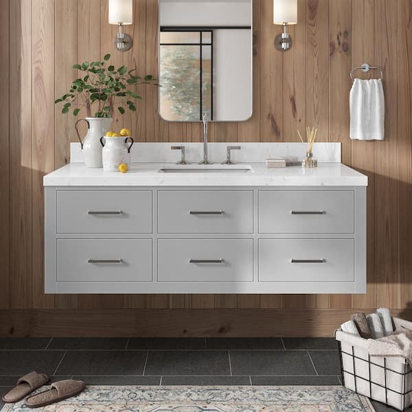 ARIEL Hutton 54.25 in. W x 22 in. D x 19.6 in. H Single Sink Freestanding Bath Vanity in Grey with Carrara White Quartz Top
