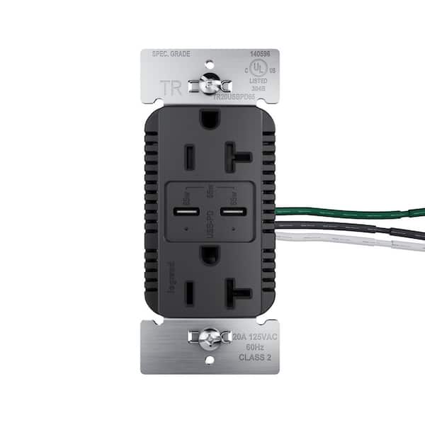 20A Tamper Resistant 65W Commercial Grade Power Delivery USB Type C Duplex Outlet Black