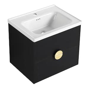24 in. W Modern Elegant Floating Wall-Mounted Bathroom Vanity in Black with White Sink and 2-Drawers