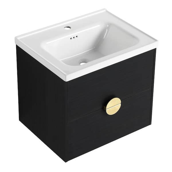 FUNKOL 24 in. W Modern Elegant Floating Wall-Mounted Bathroom Vanity in Black with White Sink and 2-Drawers