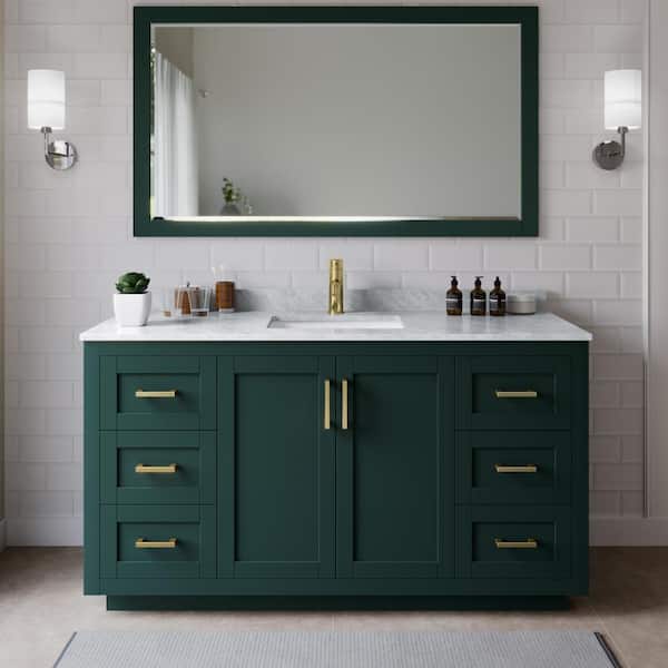 Wyndham Collection Miranda 66 in. W x 22 in. D x 33.75 in. H Single Sink Bath Vanity in Green with White Carrara Marble Top and Mirror