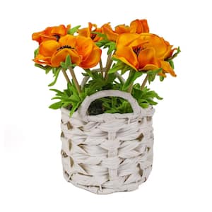 10 in. Artificial Floral Arrangements Anemone Assorted Flowers in White Basket Color: Orange