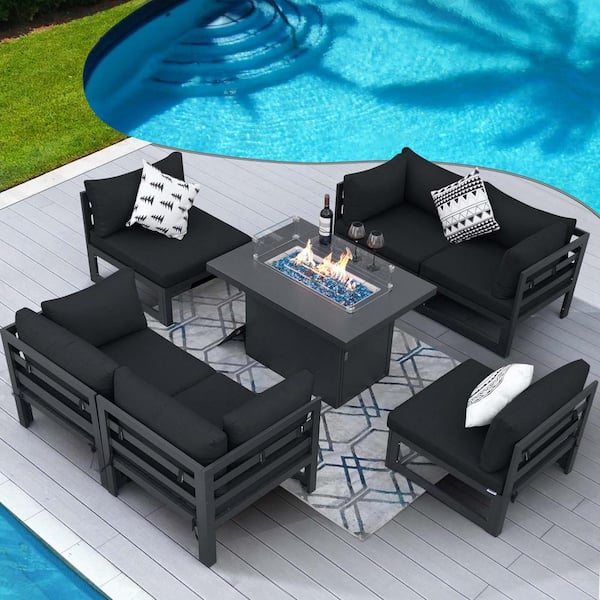FINCATI White 7-Piece Modern Aluminum Patio 55,000 BTU Fire Pit Seating Set, Black Olefin Cushions