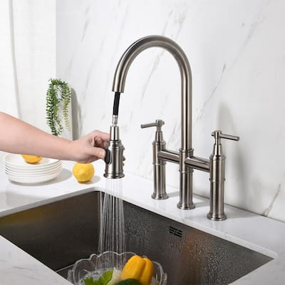 Double Handles Gooseneck Pull Down Sprayer Kitchen Faucet in Brushed Nickel Widespread Bridge Faucets for 1 or 3-Hole