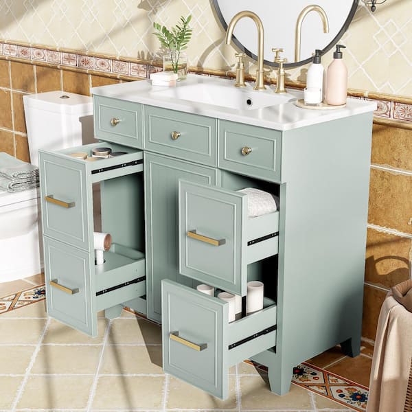 ☆ゆー☆ Virubi 36 in. W Single Sink Bath Vanity in Blue with White Ceramic
