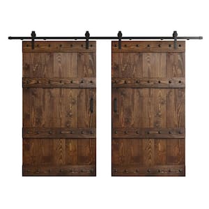 Castle Series 84 in. x 84 in. Dark Walnut DIY Knotty Wood Double Sliding Barn Door with Hardware Kit